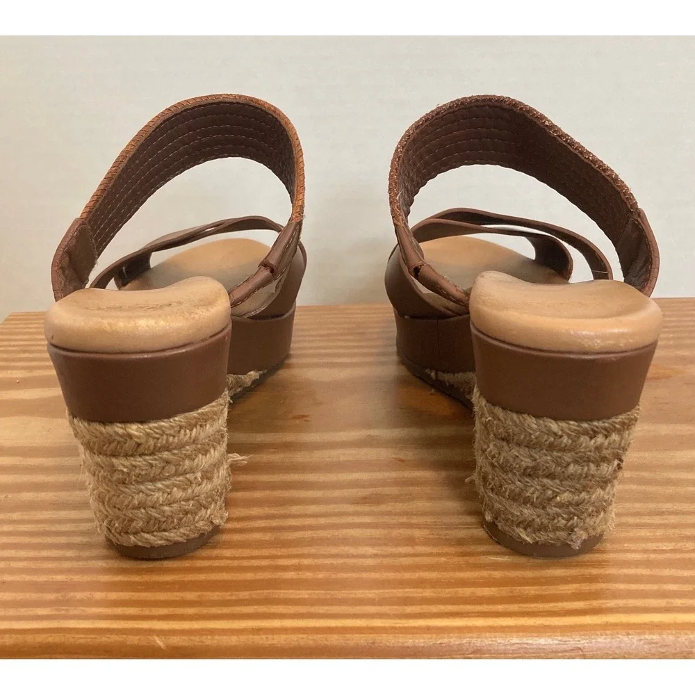 UGG Womens 8 Brown Leather Woven Espadrille Platform Wedge Sandals Earthy Beach
